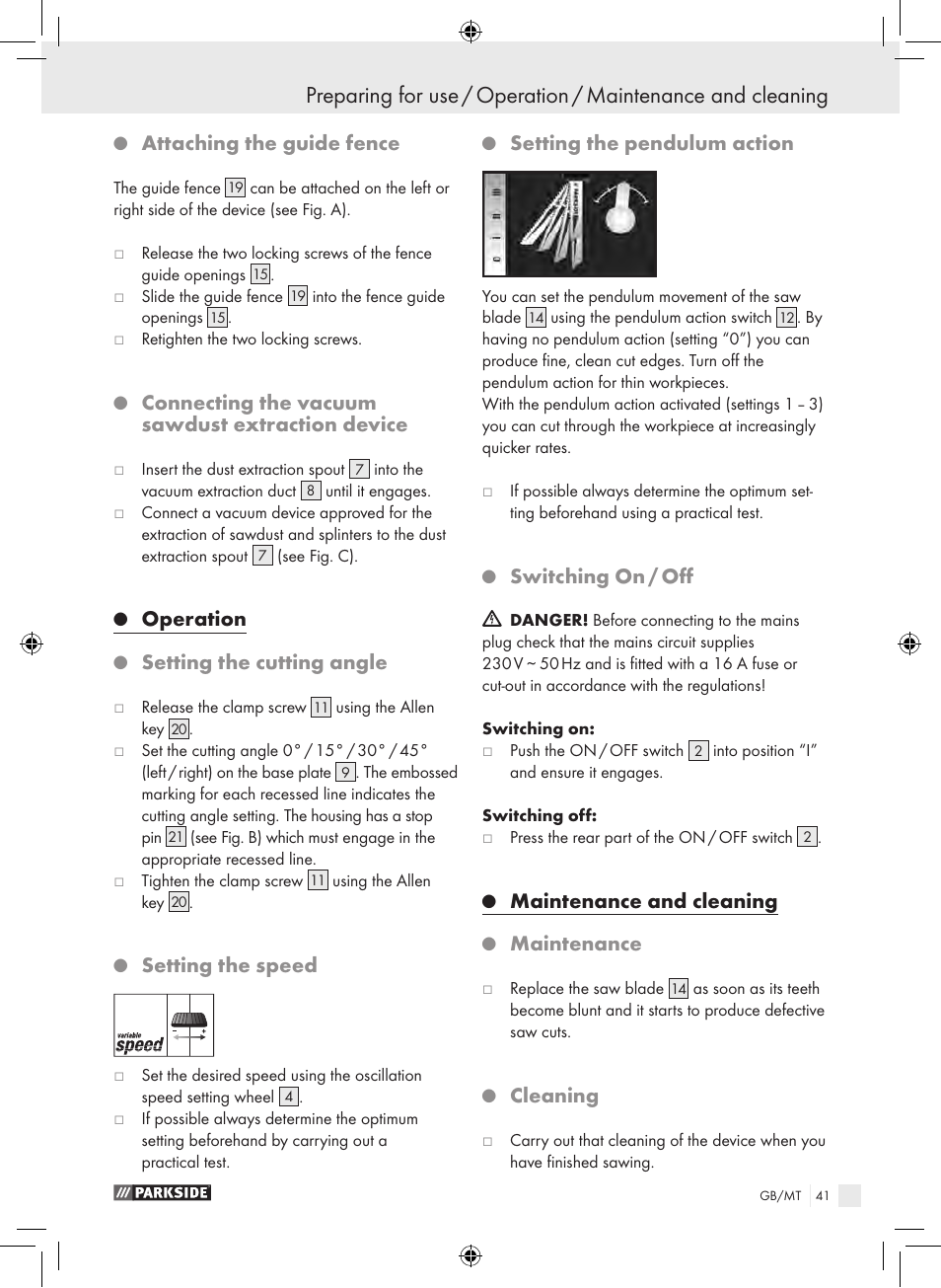 Attaching the guide fence, Connecting the vacuum sawdust extraction device, Operation | Setting the cutting angle, Setting the speed, Setting the pendulum action, Switching on / off, Maintenance and cleaning, Maintenance, Cleaning | Parkside PPHSS 730 SE User Manual | Page 42 / 55
