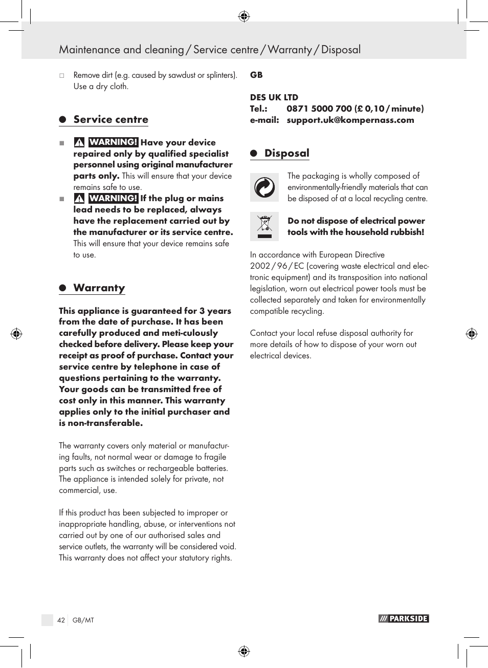 Service centre, Warranty, Disposal | Parkside PPHSS 730 SE User Manual | Page 43 / 55