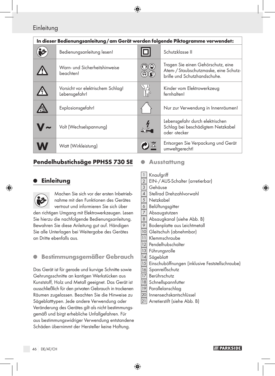 Pendelhubstichsäge pphss 730 se, Einleitung, Bestimmungsgemäßer gebrauch | Ausstattung | Parkside PPHSS 730 SE User Manual | Page 47 / 55