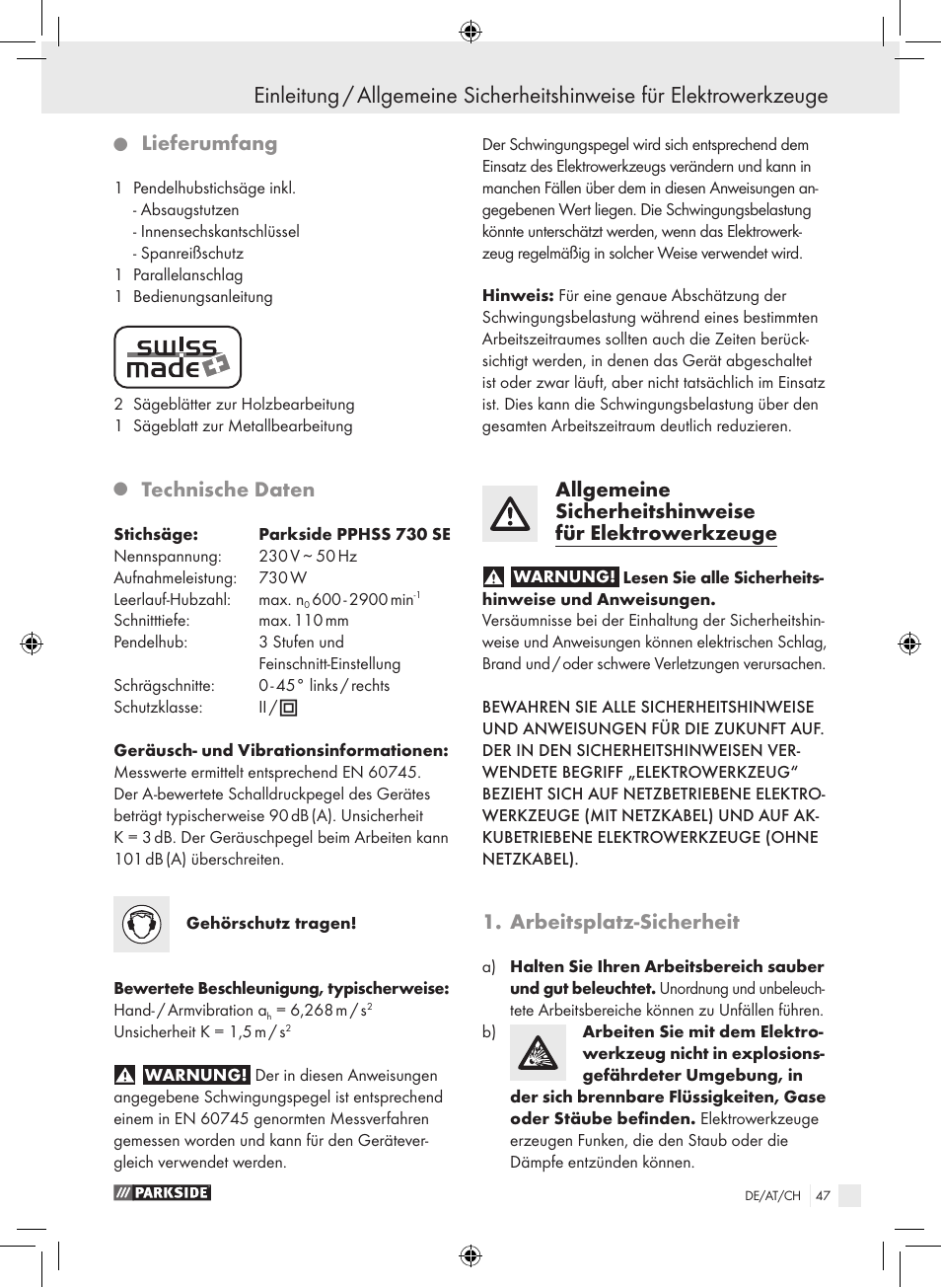 Lieferumfang, Technische daten, Arbeitsplatz-sicherheit | Parkside PPHSS 730 SE User Manual | Page 48 / 55