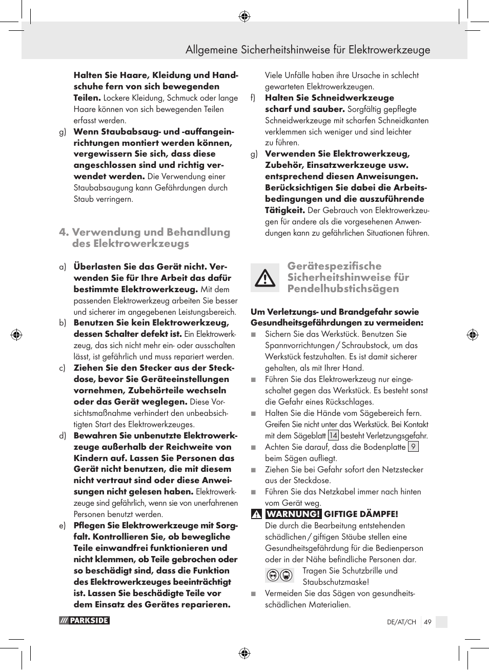 Verwendung und behandlung des elektrowerkzeugs | Parkside PPHSS 730 SE User Manual | Page 50 / 55