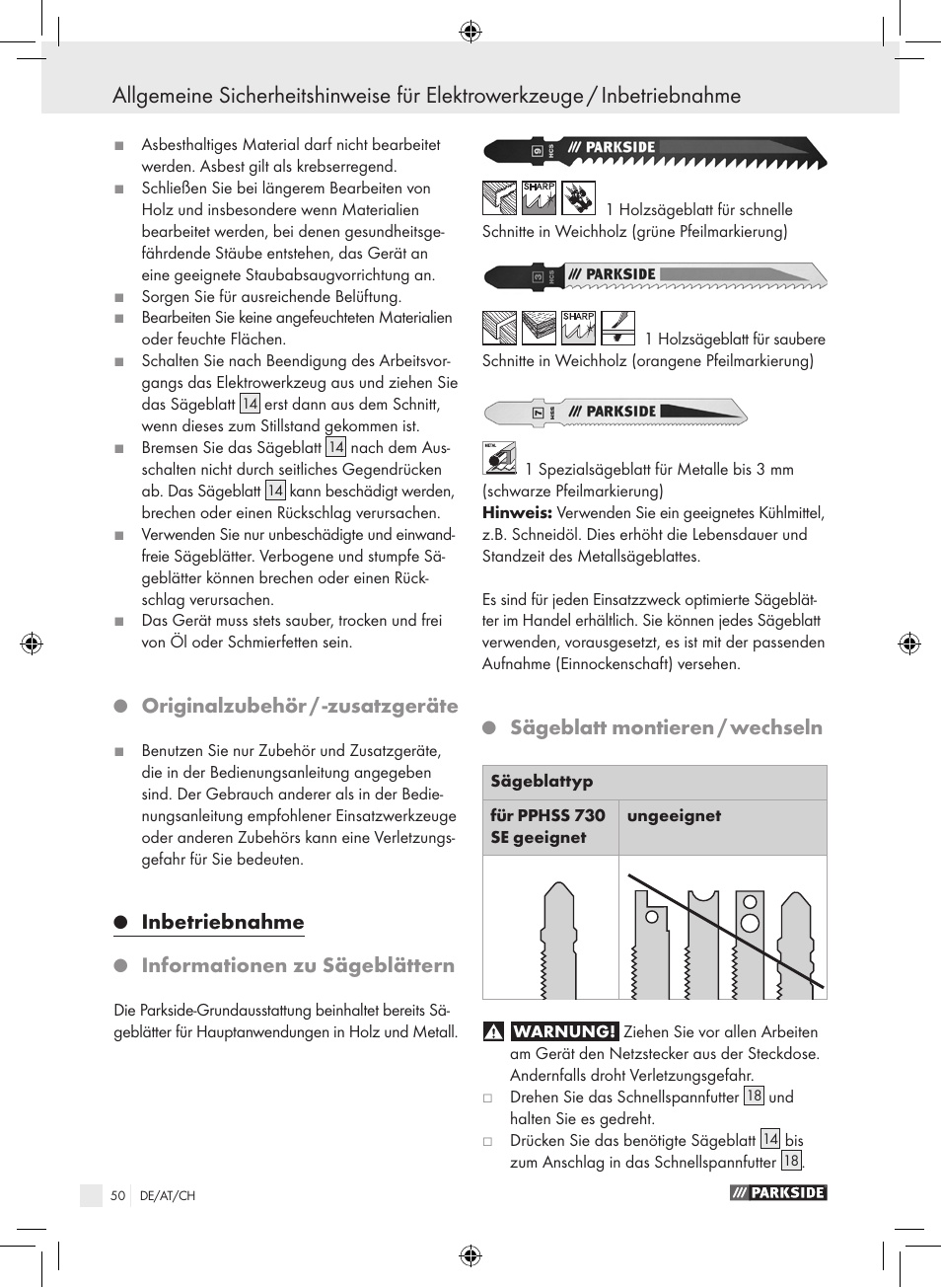 Originalzubehör / -zusatzgeräte, Inbetriebnahme, Informationen zu sägeblättern | Sägeblatt montieren / wechseln | Parkside PPHSS 730 SE User Manual | Page 51 / 55