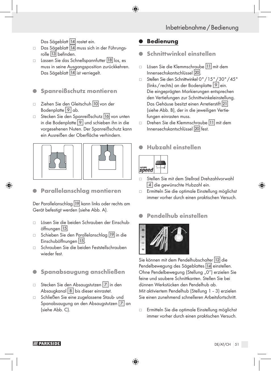 Inbetriebnahme / bedienung, Spanreißschutz montieren, Parallelanschlag montieren | Spanabsaugung anschließen, Bedienung, Schnittwinkel einstellen, Hubzahl einstellen, Pendelhub einstellen | Parkside PPHSS 730 SE User Manual | Page 52 / 55