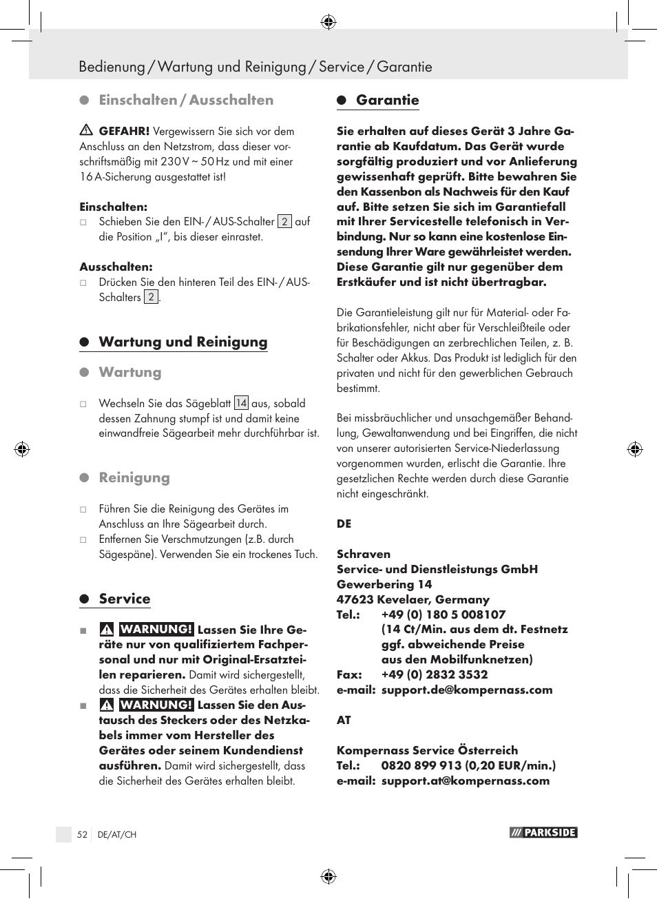 Einschalten / ausschalten, Wartung und reinigung, Wartung | Reinigung, Service, Garantie | Parkside PPHSS 730 SE User Manual | Page 53 / 55