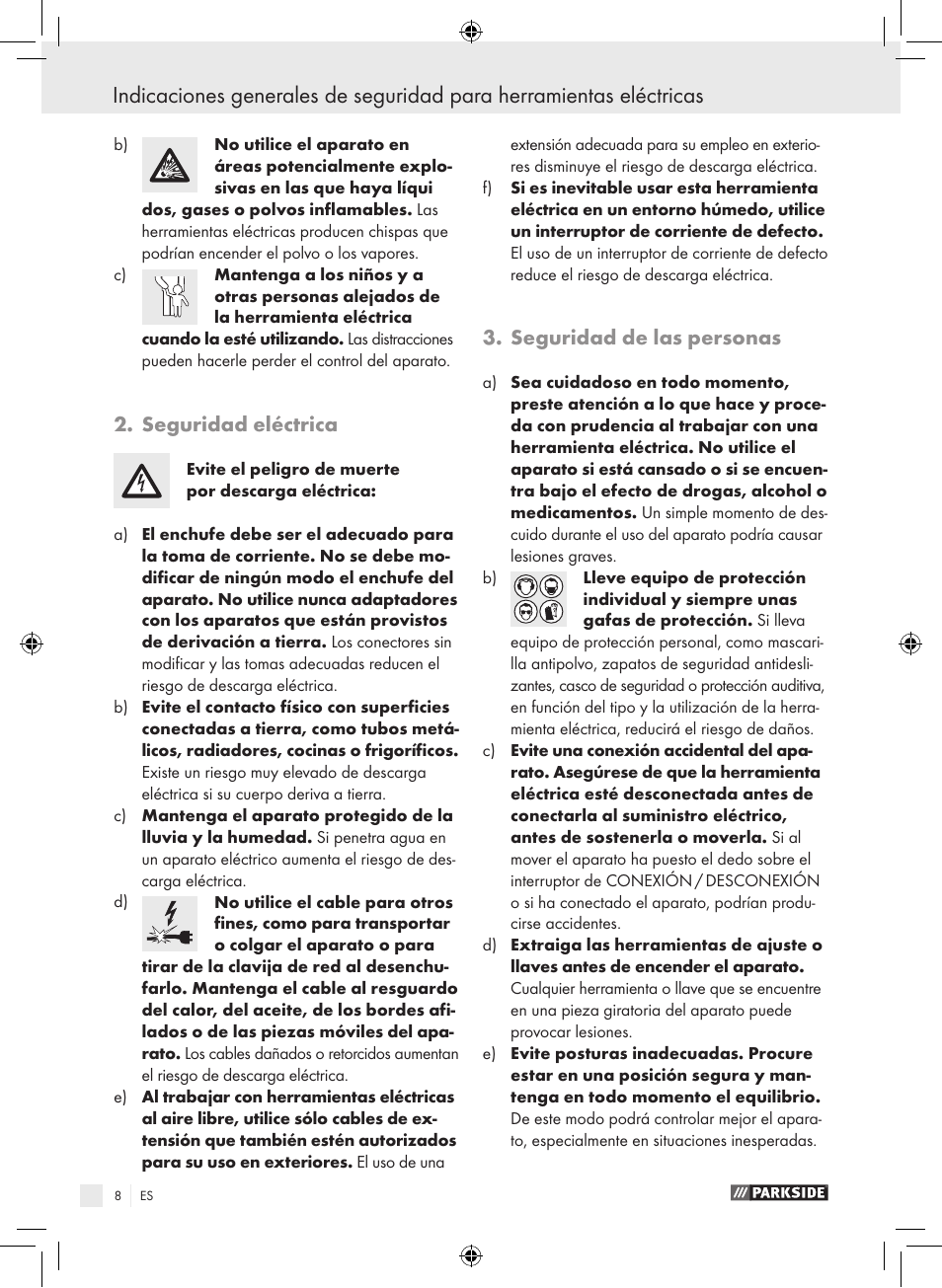 Seguridad eléctrica, Seguridad de las personas | Parkside PPHSS 730 SE User Manual | Page 9 / 55
