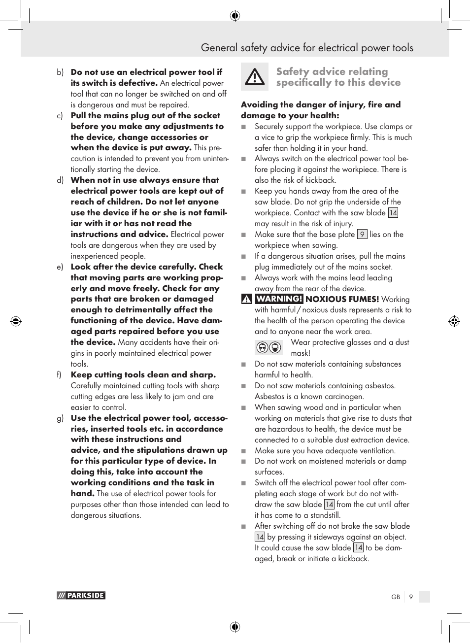General safety advice for electrical power tools, Safety advice relating specifically to this device | Parkside PPHSS 730 SE User Manual | Page 10 / 63