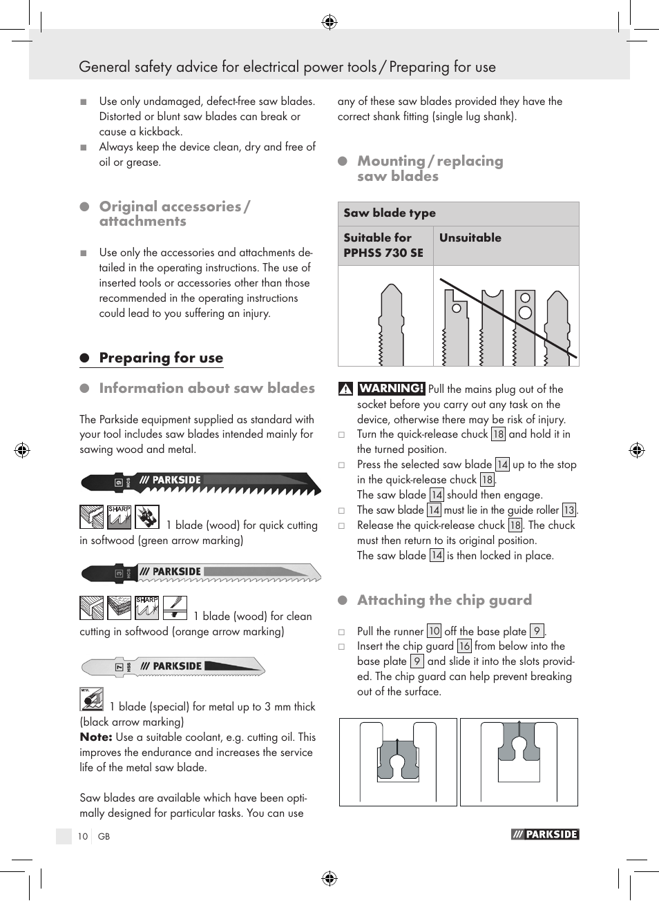 Original accessories / attachments, Preparing for use, Information about saw blades | Mounting / replacing saw blades, Attaching the chip guard | Parkside PPHSS 730 SE User Manual | Page 11 / 63