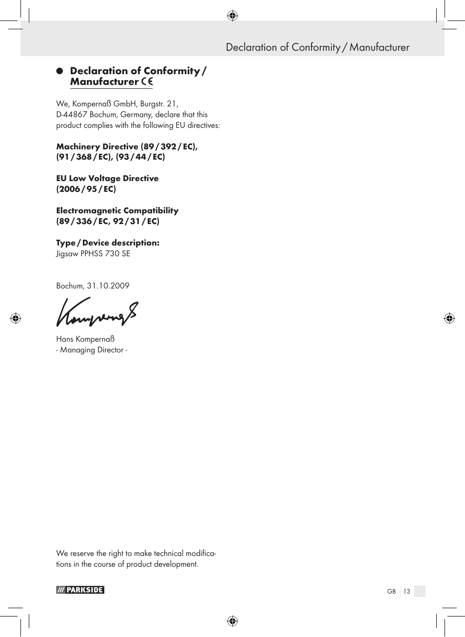 Declaration of conformity / manufacturer | Parkside PPHSS 730 SE User Manual | Page 14 / 63