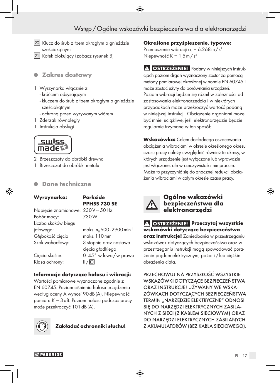 Zakres dostawy, Dane techniczne | Parkside PPHSS 730 SE User Manual | Page 18 / 63