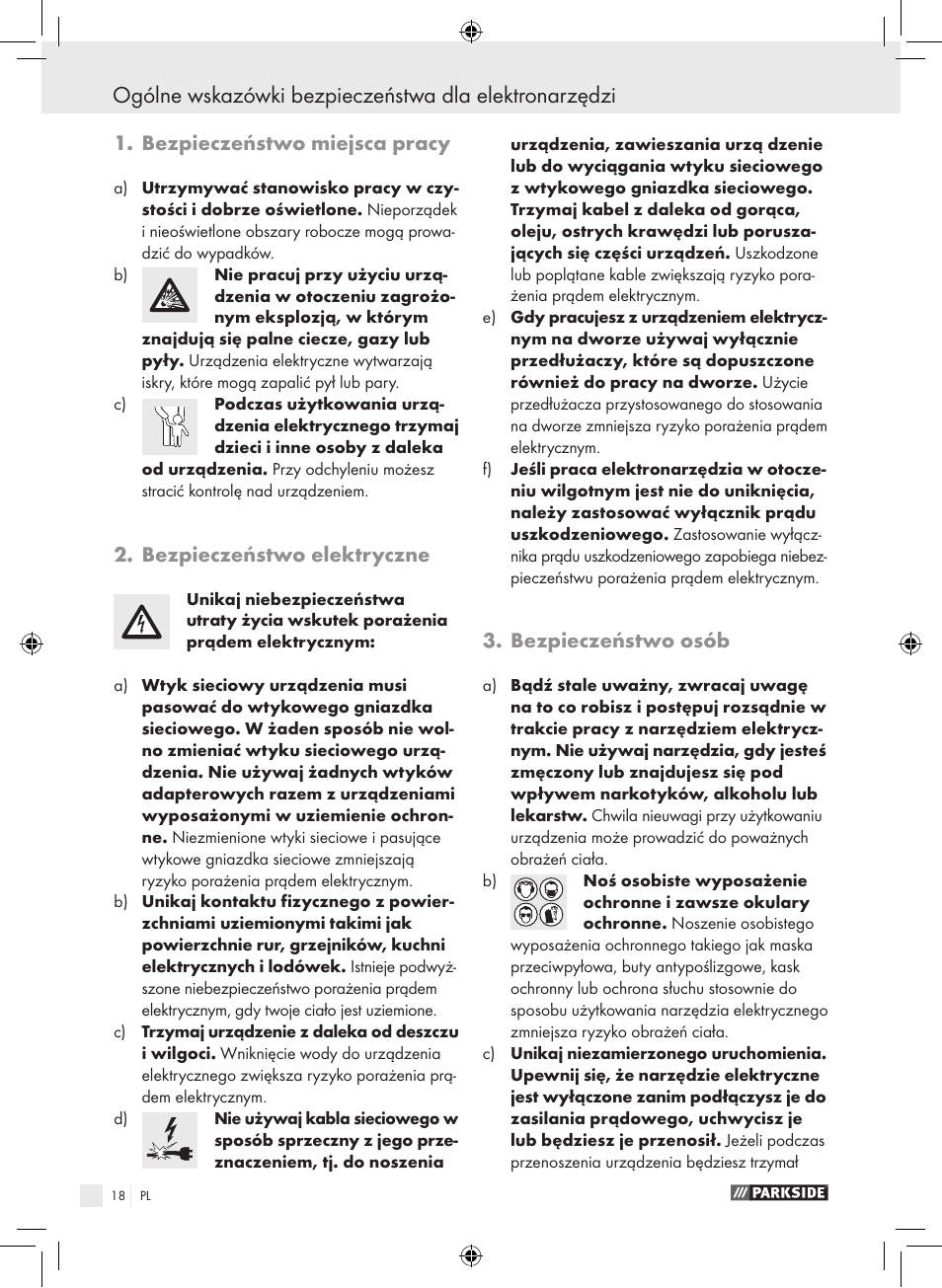 Bezpieczeństwo miejsca pracy, Bezpieczeństwo elektryczne, Bezpieczeństwo osób | Parkside PPHSS 730 SE User Manual | Page 19 / 63