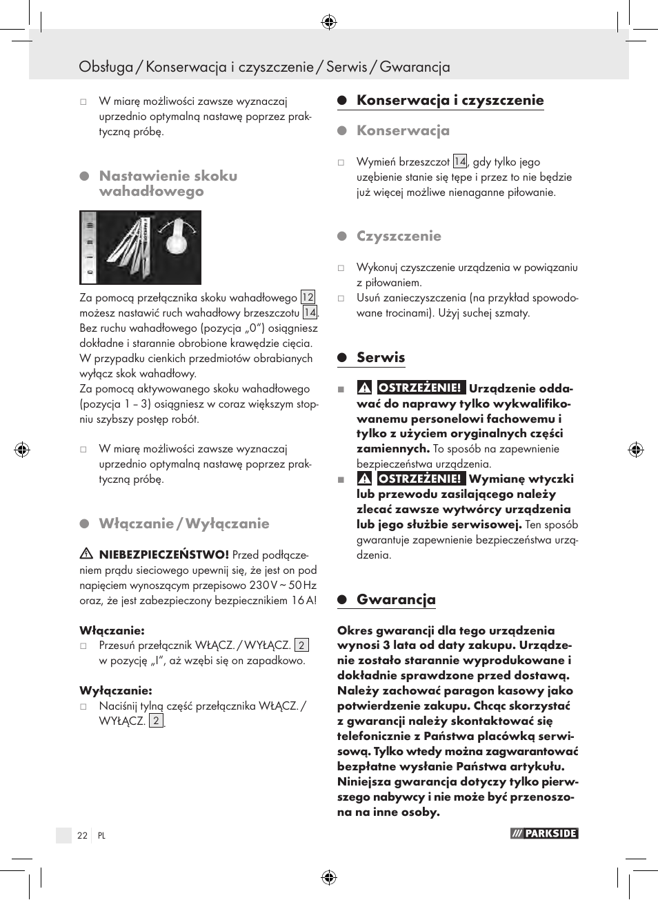 Nastawienie skoku wahadłowego, Włączanie / wyłączanie, Konserwacja i czyszczenie | Konserwacja, Czyszczenie, Serwis, Gwarancja | Parkside PPHSS 730 SE User Manual | Page 23 / 63