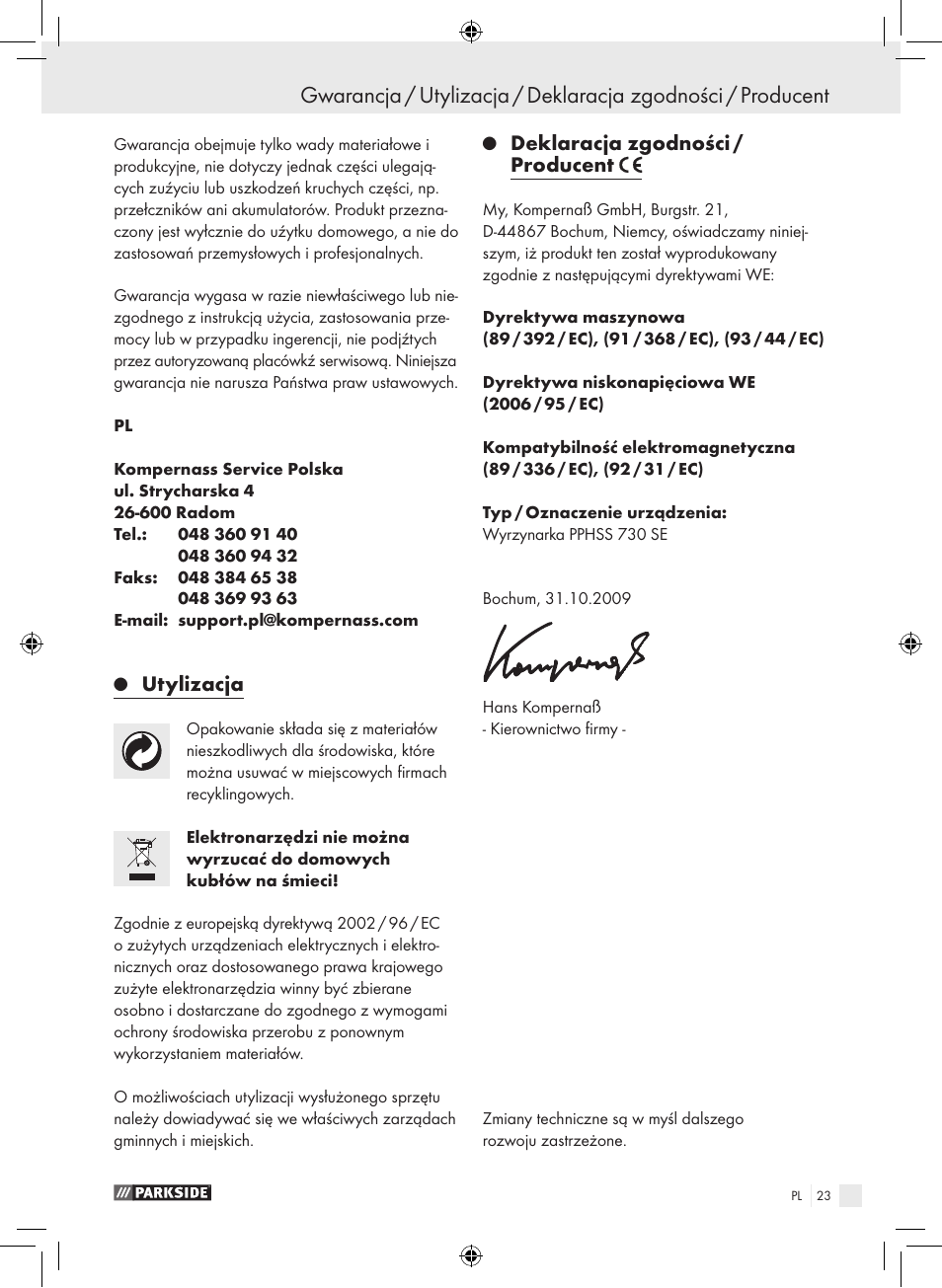 Utylizacja, Deklaracja zgodności / producent | Parkside PPHSS 730 SE User Manual | Page 24 / 63