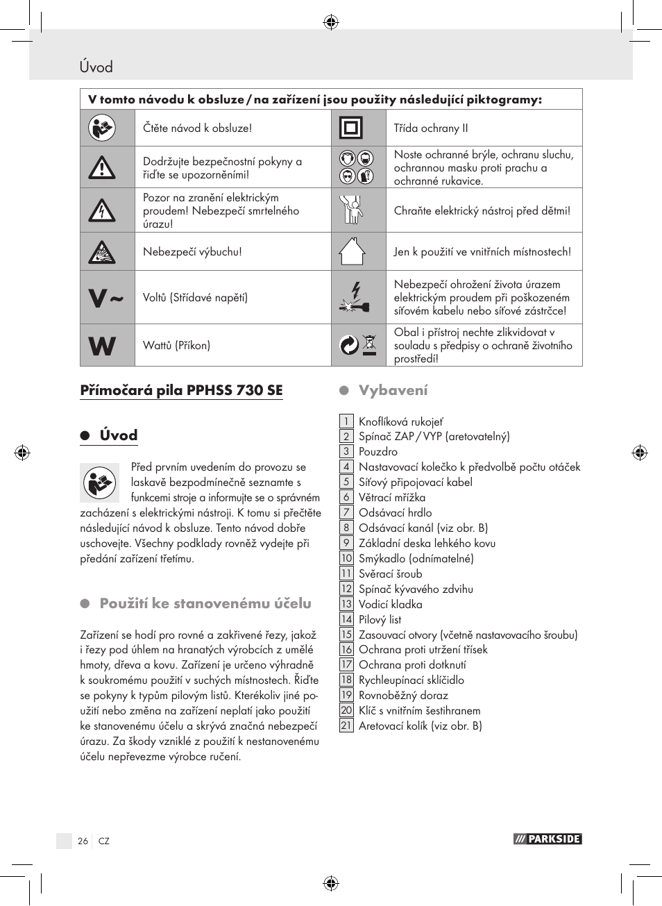 Přímočará pila pphss 730 se, Úvod, Použití ke stanovenému účelu | Vybavení | Parkside PPHSS 730 SE User Manual | Page 27 / 63