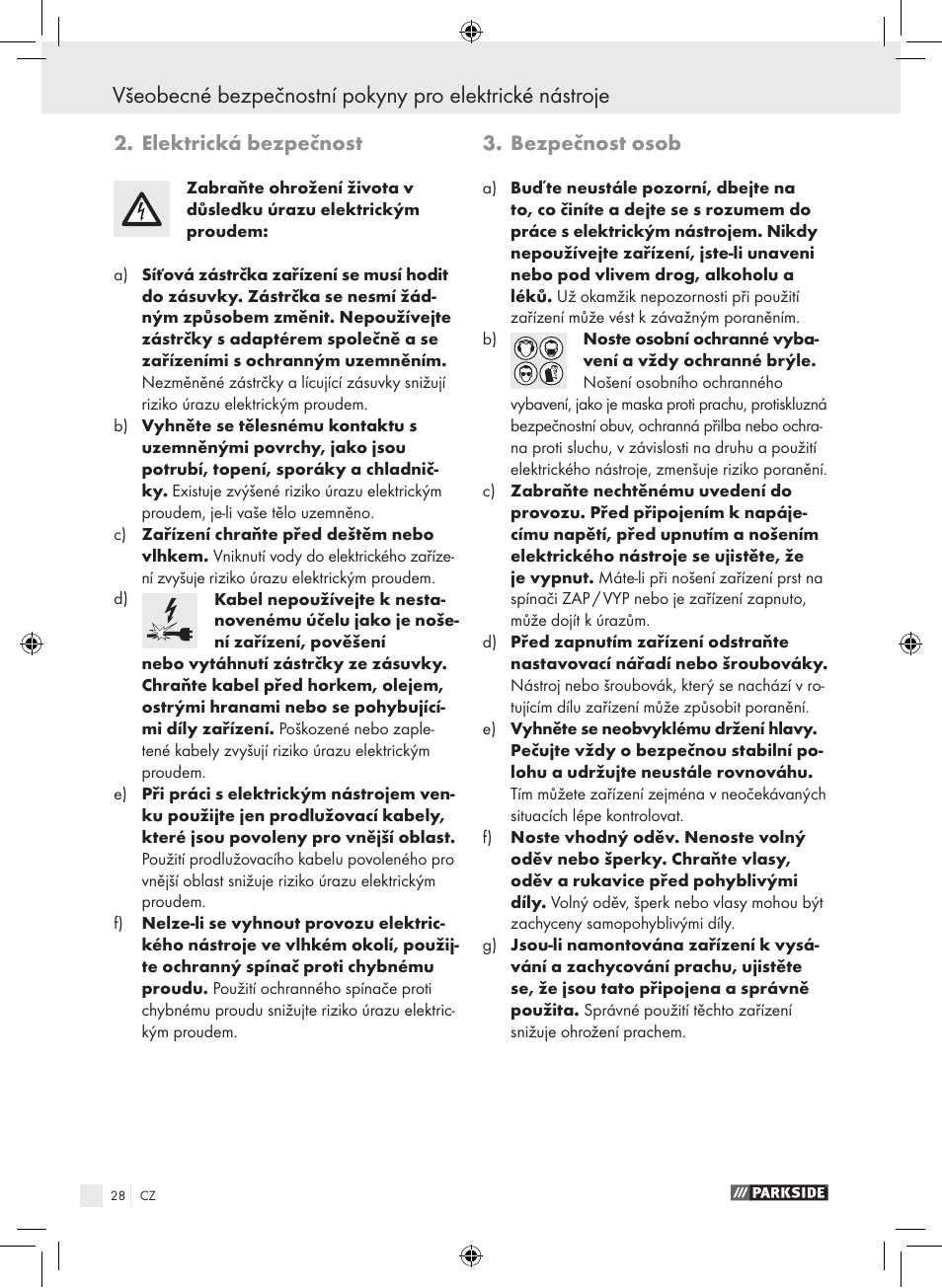 Elektrická bezpečnost, Bezpečnost osob | Parkside PPHSS 730 SE User Manual | Page 29 / 63