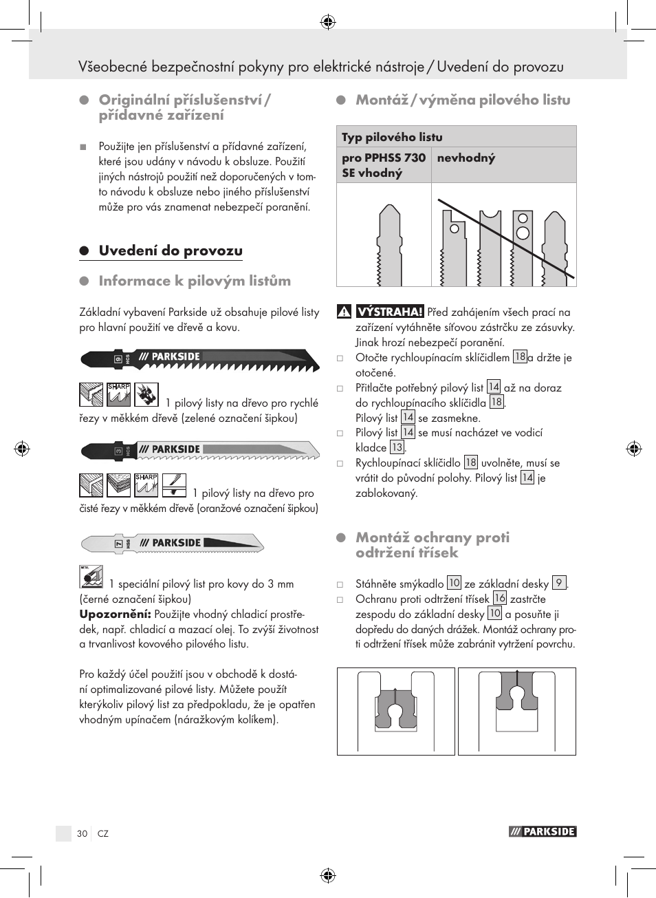 Originální příslušenství / přídavné zařízení, Uvedení do provozu, Informace k pilovým listům | Montáž / výměna pilového listu, Montáž ochrany proti odtržení třísek | Parkside PPHSS 730 SE User Manual | Page 31 / 63