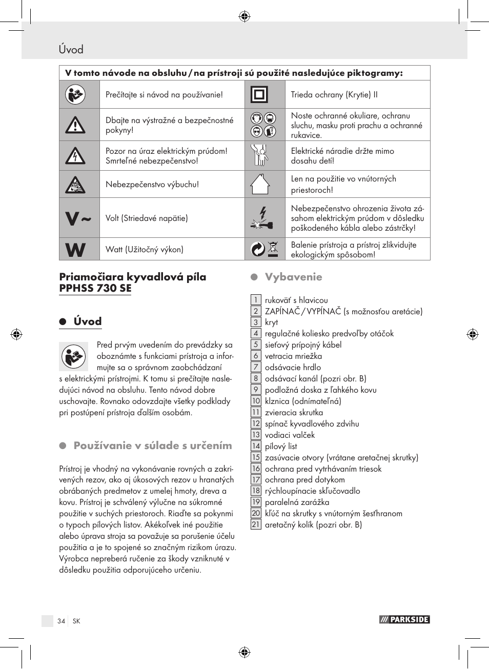 Priamočiara kyvadlová píla pphss 730 se, Úvod, Používanie v súlade s určením | Vybavenie | Parkside PPHSS 730 SE User Manual | Page 35 / 63