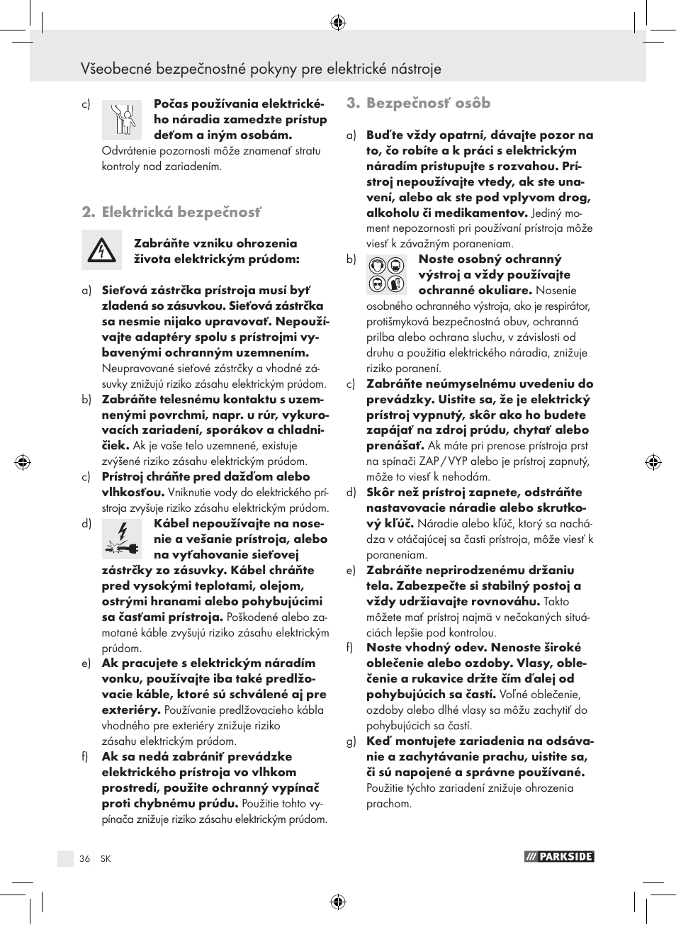 Elektrická bezpečnosť, Bezpečnosť osôb | Parkside PPHSS 730 SE User Manual | Page 37 / 63