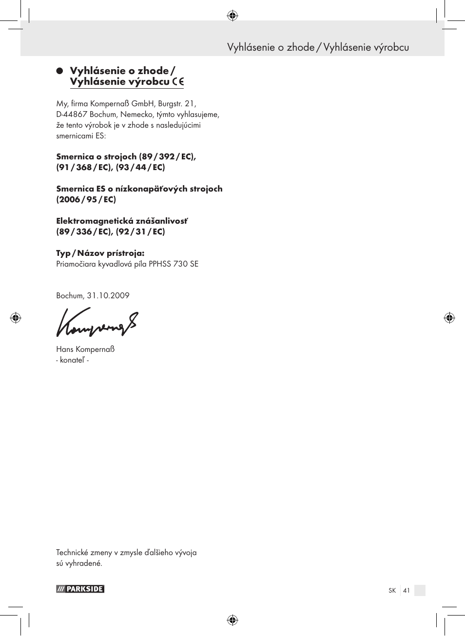 Vyhlásenie o zhode / vyhlásenie výrobcu | Parkside PPHSS 730 SE User Manual | Page 42 / 63
