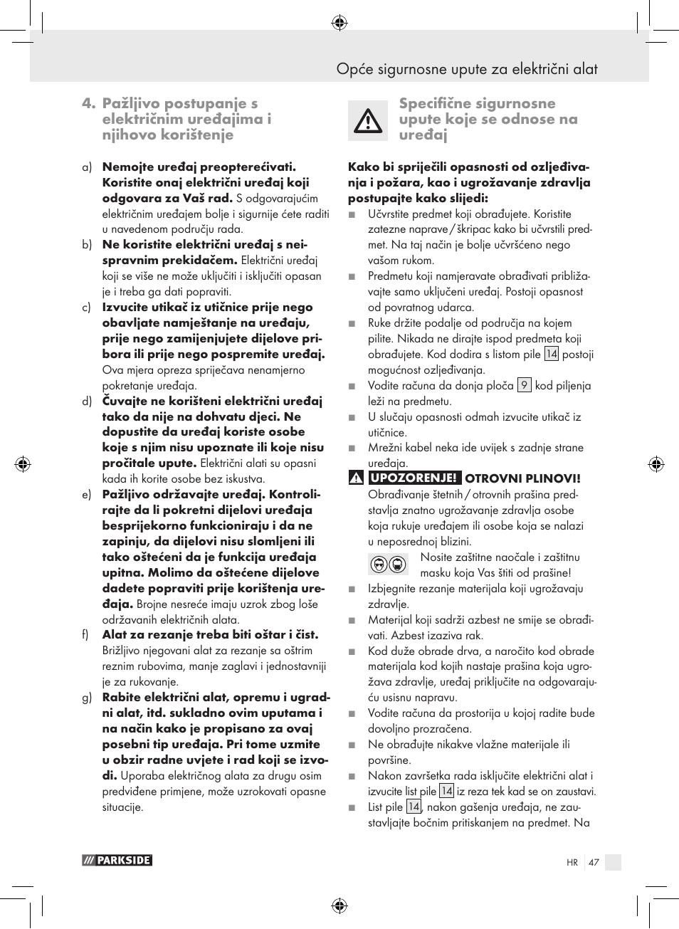 Opće sigurnosne upute za električni alat | Parkside PPHSS 730 SE User Manual | Page 48 / 63