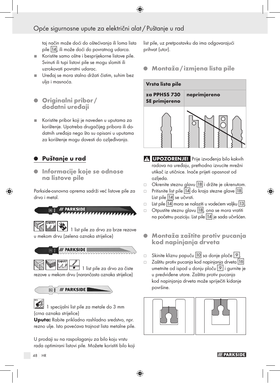 Originalni pribor / dodatni uređaji, Puštanje u rad, Informacije koje se odnose na listove pile | Montaža / izmjena lista pile | Parkside PPHSS 730 SE User Manual | Page 49 / 63