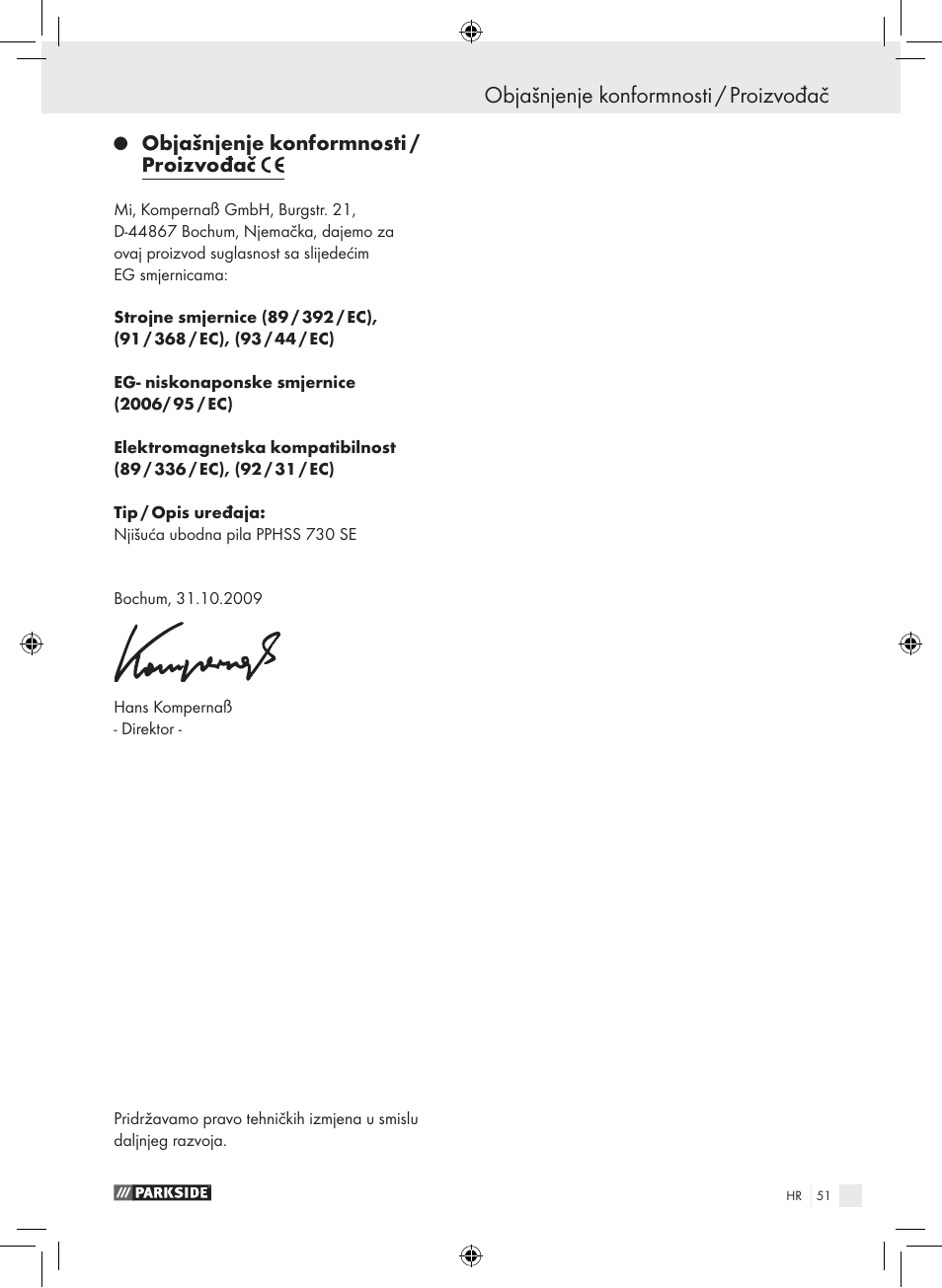 Objašnjenje konformnosti / proizvođač | Parkside PPHSS 730 SE User Manual | Page 52 / 63