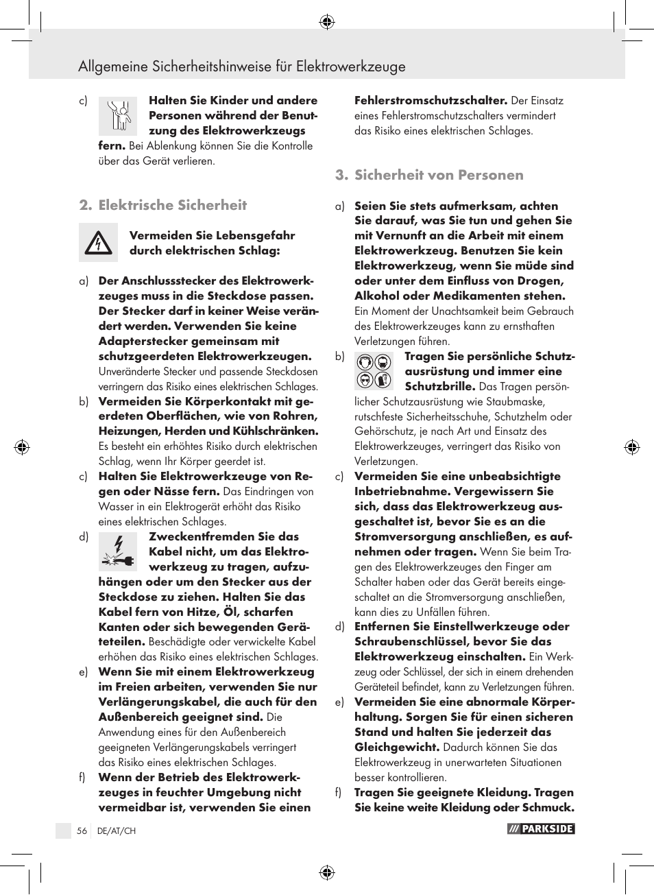 Elektrische sicherheit, Sicherheit von personen | Parkside PPHSS 730 SE User Manual | Page 57 / 63