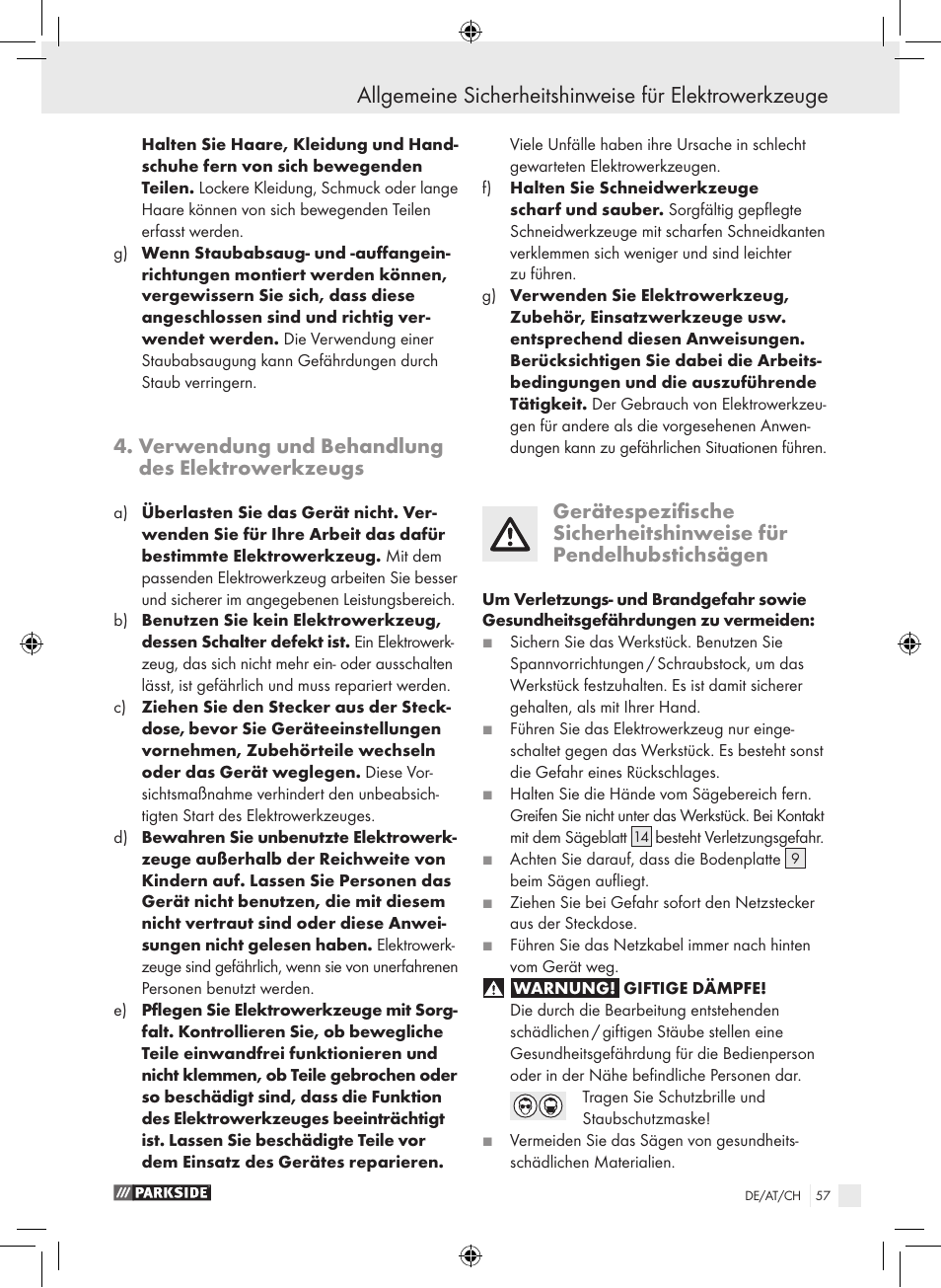 Verwendung und behandlung des elektrowerkzeugs | Parkside PPHSS 730 SE User Manual | Page 58 / 63