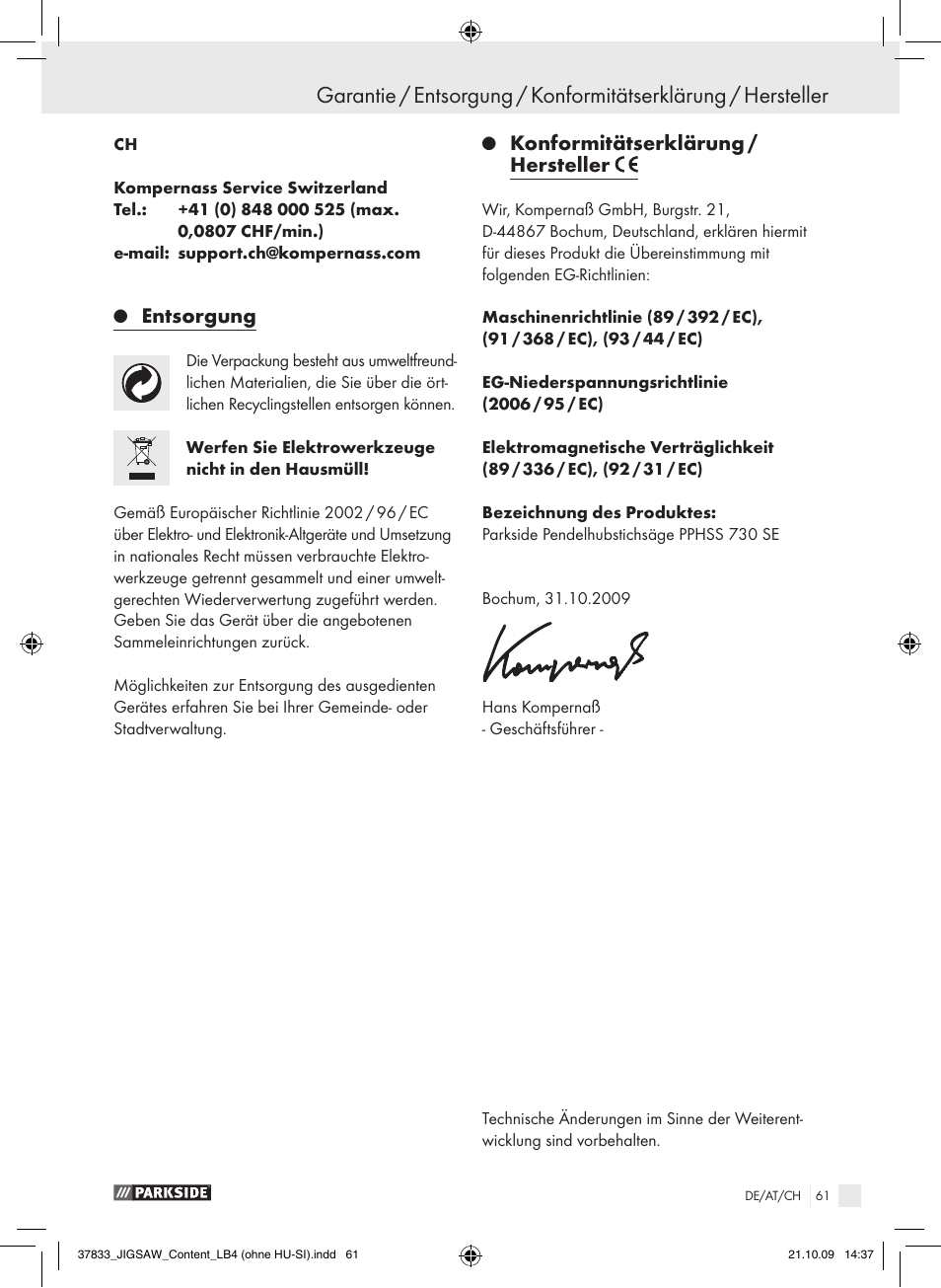 Entsorgung, Konformitätserklärung / hersteller | Parkside PPHSS 730 SE User Manual | Page 62 / 63