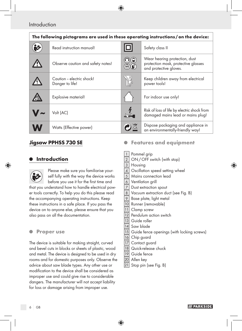 Jigsaw pphss 730 se, Introduction, Proper use | Features and equipment | Parkside PPHSS 730 SE User Manual | Page 7 / 63