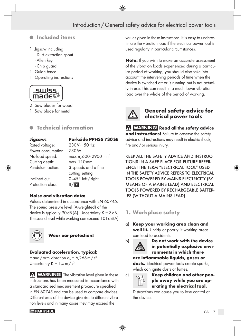 Included items, Technical information, General safety advice for electrical power tools | Workplace safety | Parkside PPHSS 730 SE User Manual | Page 8 / 63