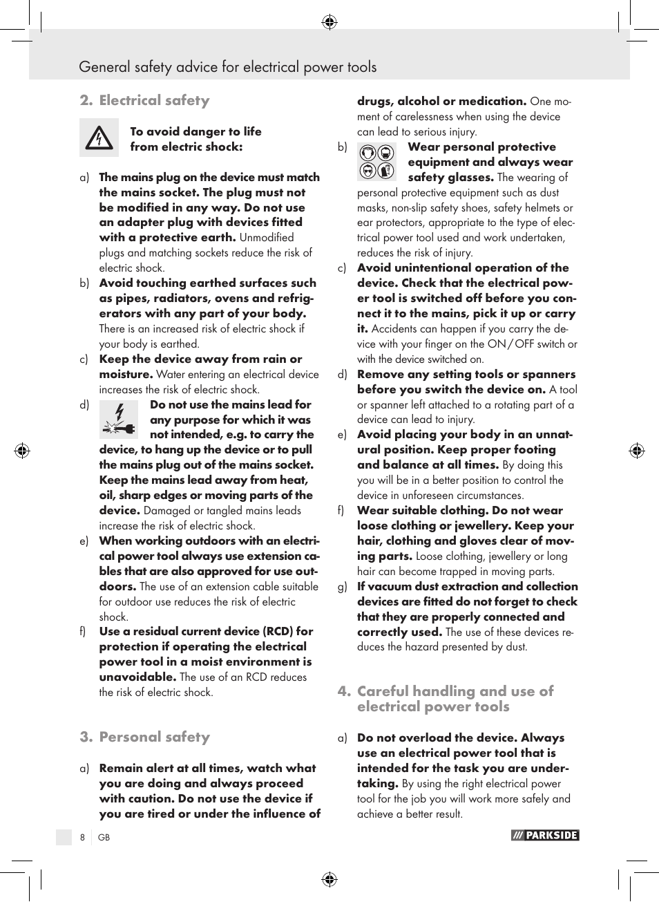 General safety advice for electrical power tools, Electrical safety, Personal safety | Careful handling and use of electrical power tools | Parkside PPHSS 730 SE User Manual | Page 9 / 63