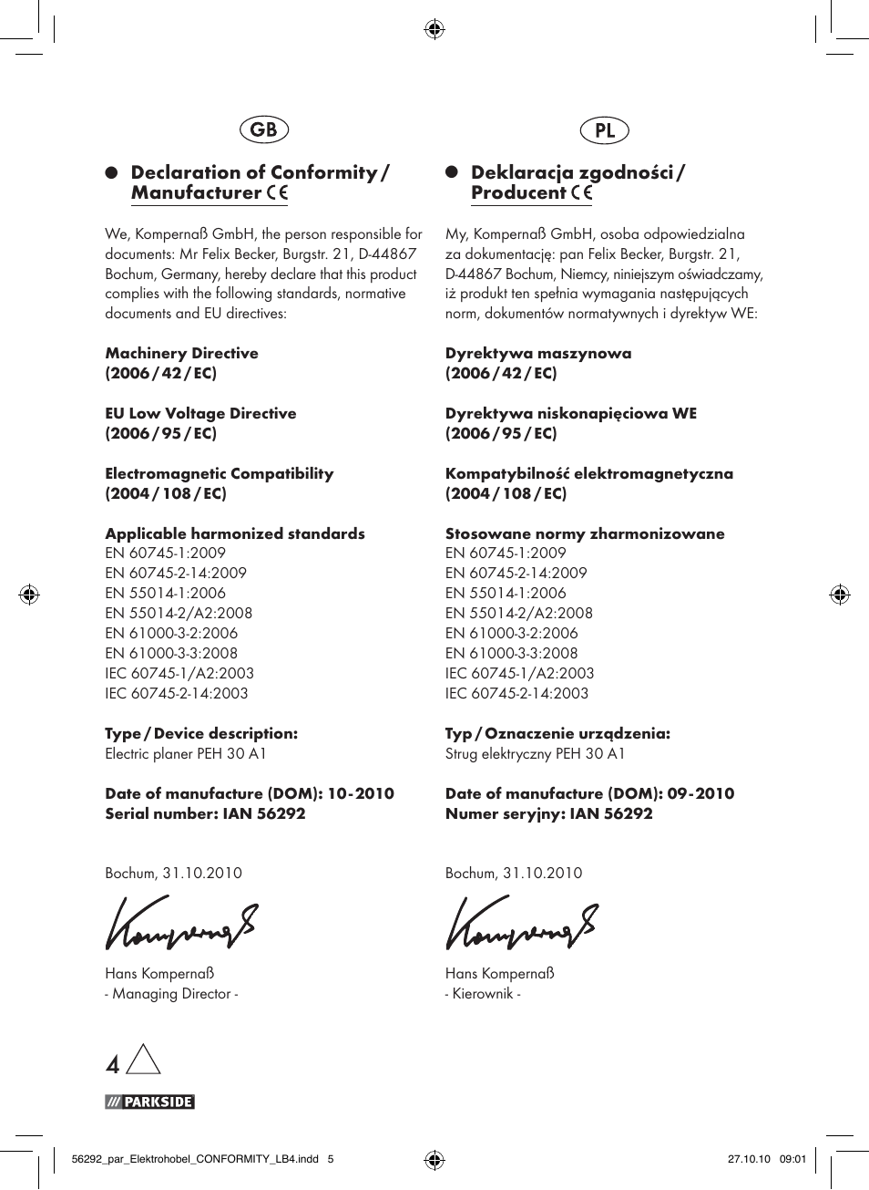 Parkside PEH 30 A1 User Manual | 4 pages