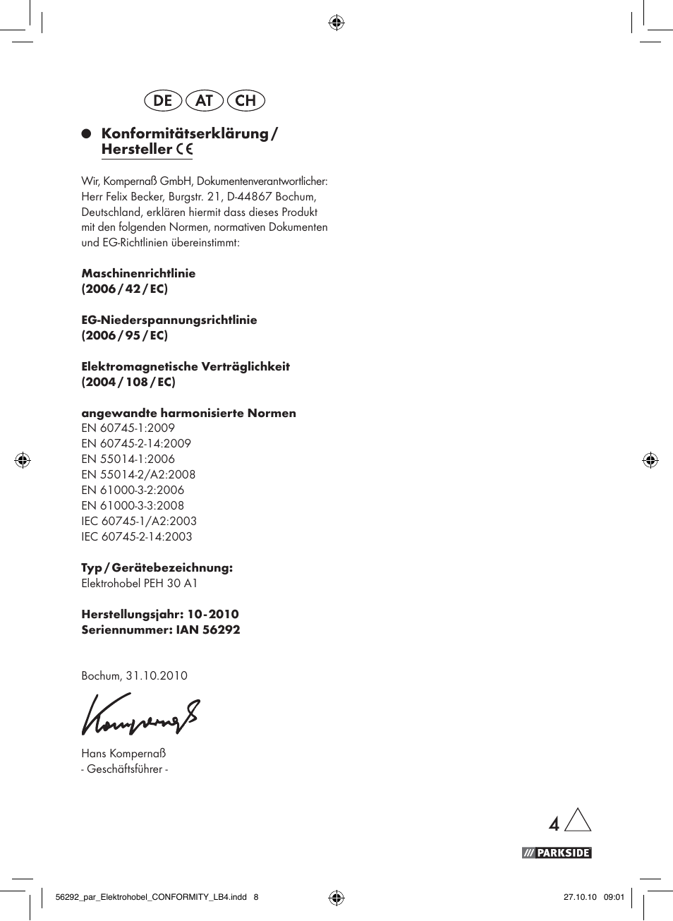 Konformitätserklärung / hersteller | Parkside PEH 30 A1 User Manual | Page 4 / 4