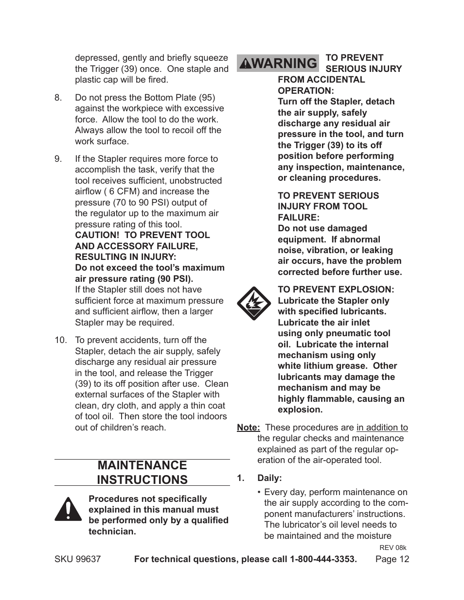 Maintenance instructions | Harbor Freight Tools Model 99637 User Manual | Page 12 / 18