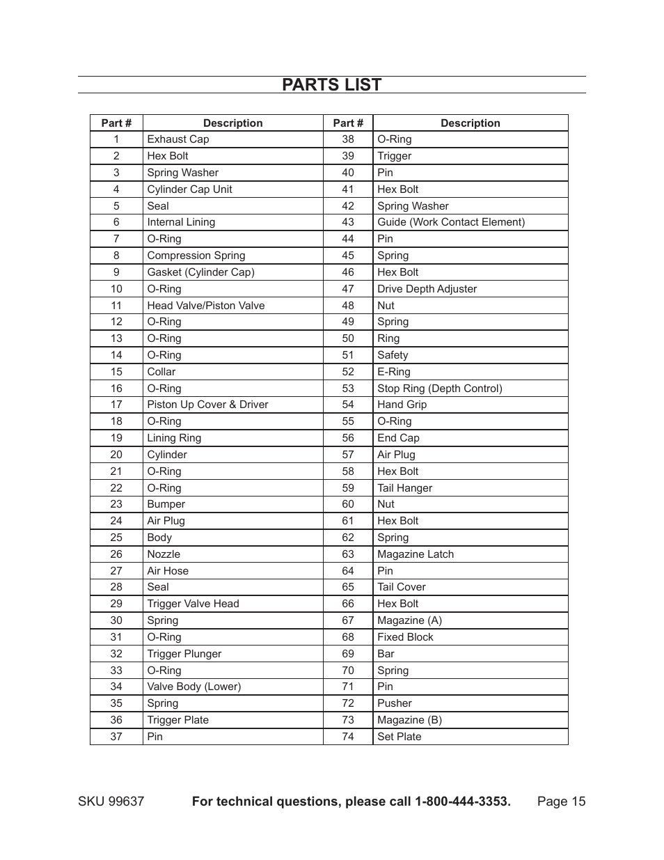 Parts list | Harbor Freight Tools Model 99637 User Manual | Page 15 / 18
