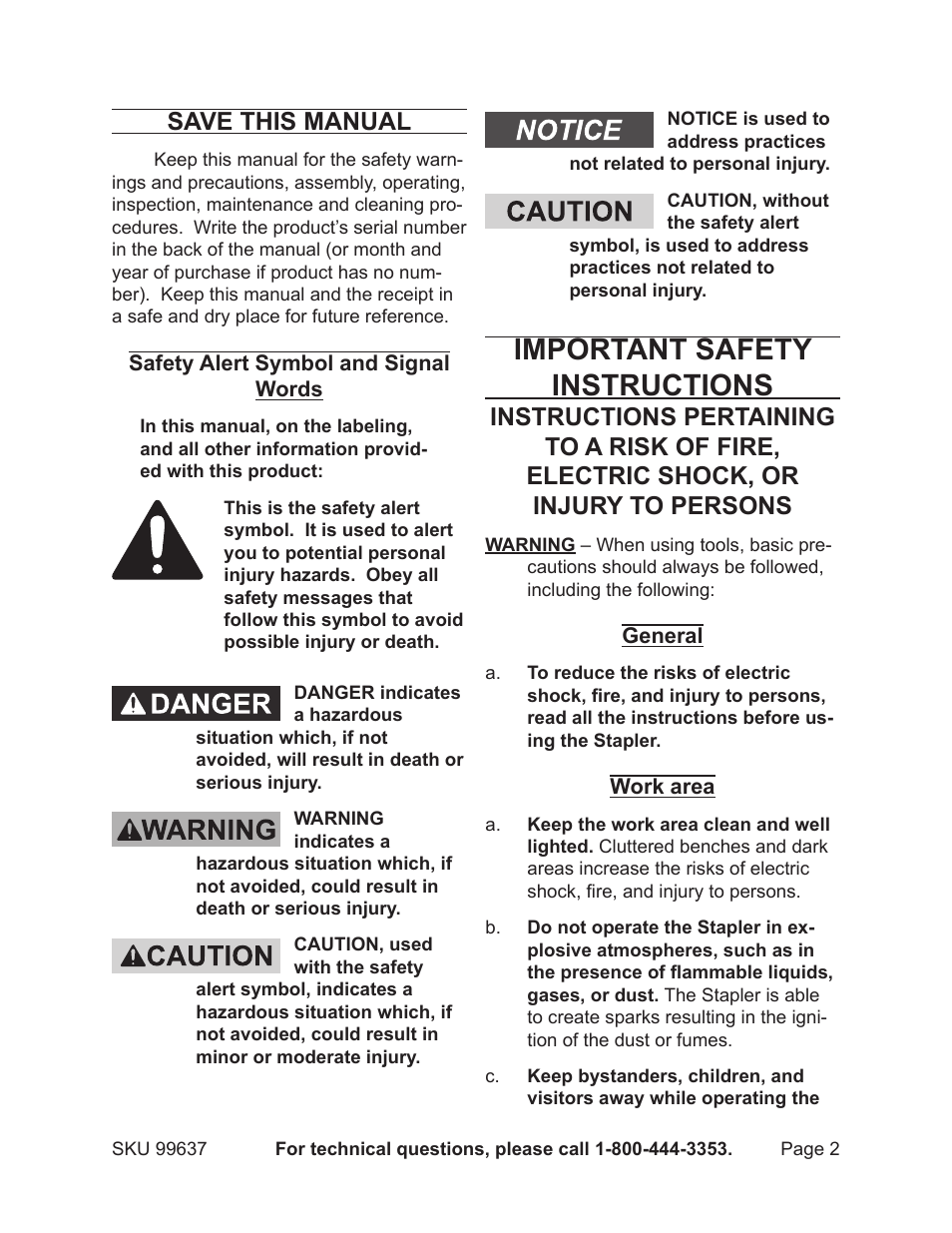 Important safety instructions, Save this manual | Harbor Freight Tools Model 99637 User Manual | Page 2 / 18