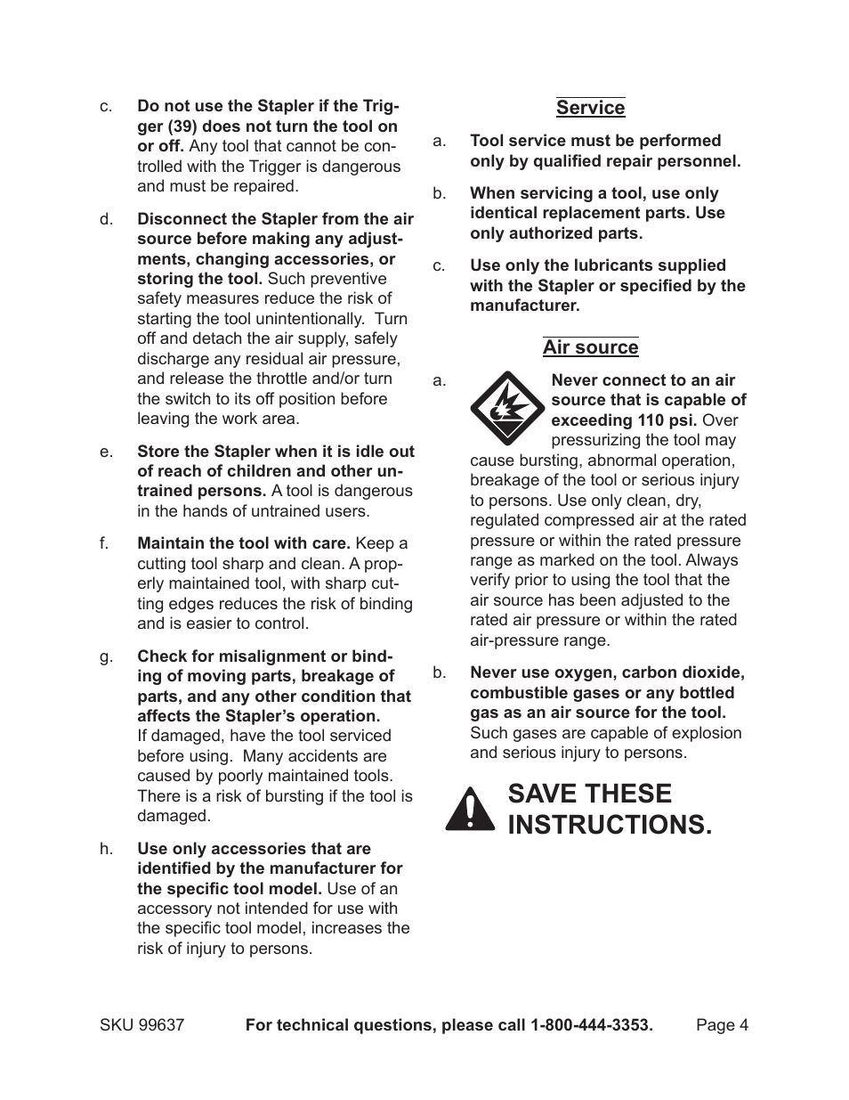 Save these instructions | Harbor Freight Tools Model 99637 User Manual | Page 4 / 18