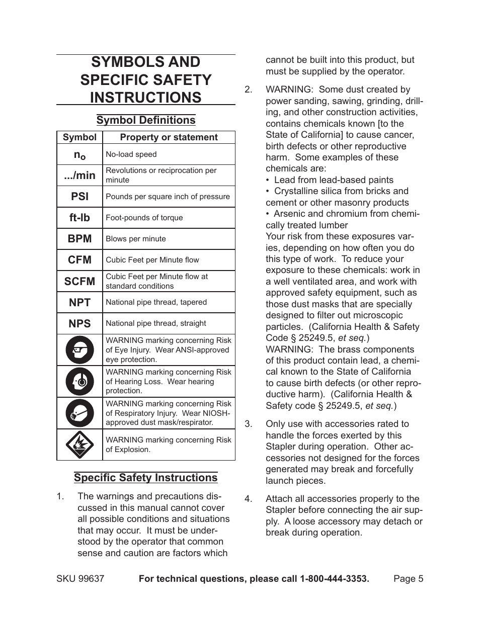 Symbols and specific safety instructions | Harbor Freight Tools Model 99637 User Manual | Page 5 / 18