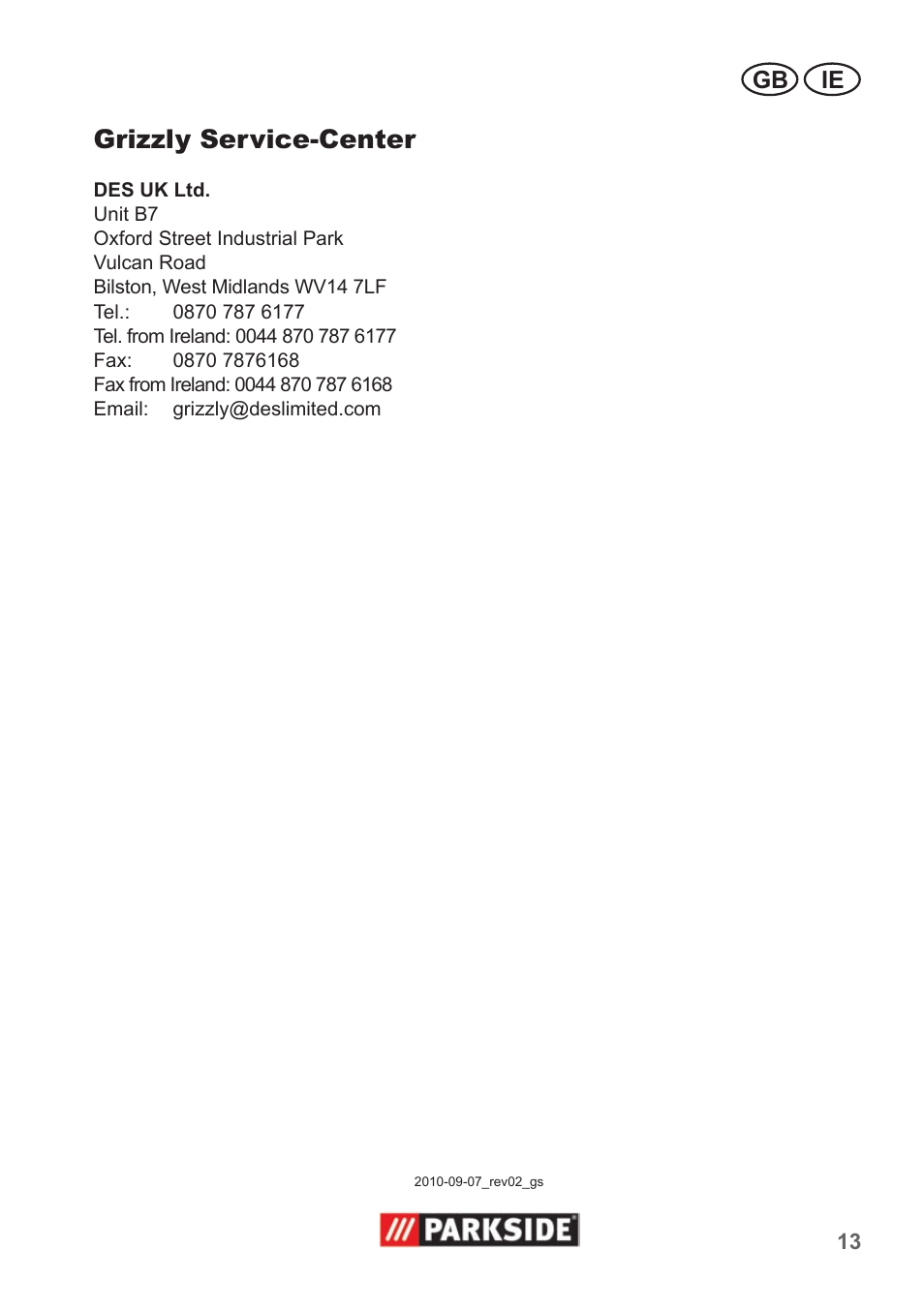 Grizzly service-center, Gb ie | Parkside PNTS 1300 A1 User Manual | Page 13 / 14