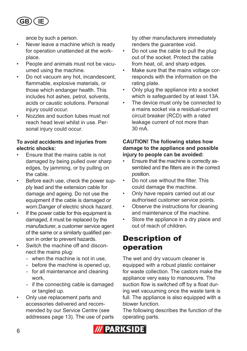 Description of operation, Gb ie | Parkside PNTS 1300 A1 User Manual | Page 6 / 14