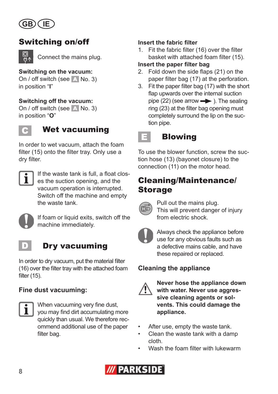 Switching on/off, Wet vacuuming, Dry vacuuming | Blowing, Cleaning/maintenance/ storage | Parkside PNTS 1300 A1 User Manual | Page 8 / 14