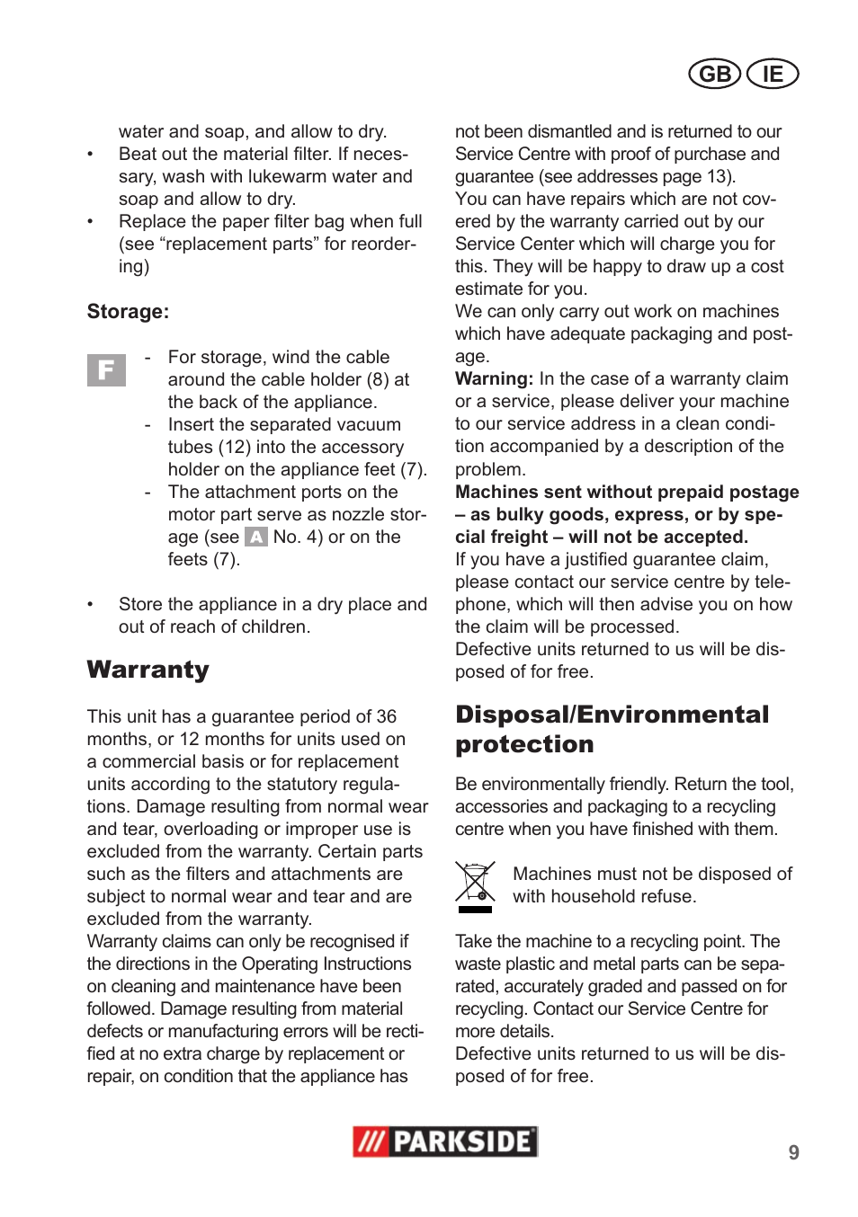 Warranty, Disposal/environmental protection, Gb ie | Parkside PNTS 1300 A1 User Manual | Page 9 / 14