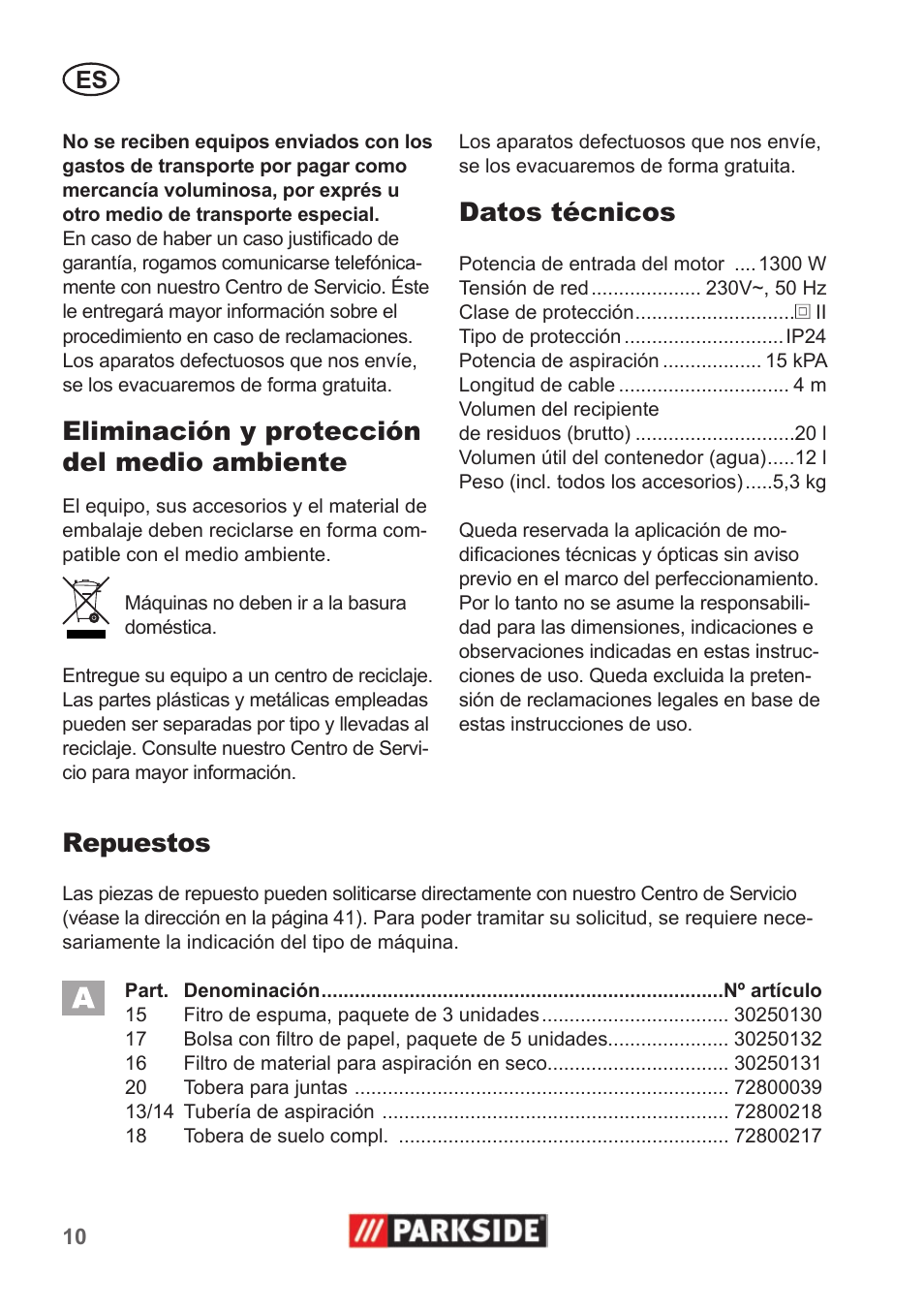 Eliminación y protección del medio ambiente, Datos técnicos, Repuestos | Parkside PNTS 1300 A1 User Manual | Page 10 / 42