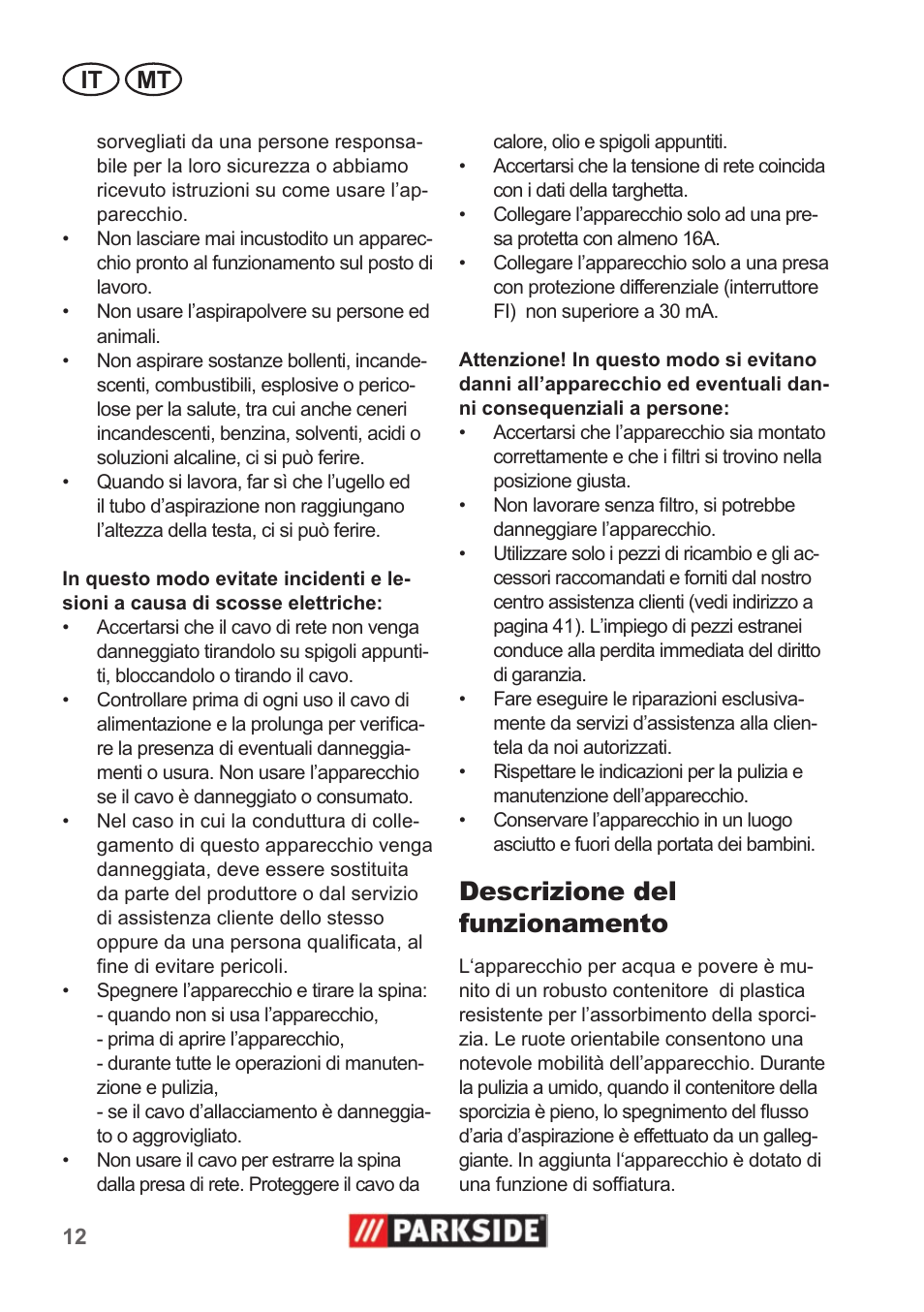 Descrizione del funzionamento, It mt | Parkside PNTS 1300 A1 User Manual | Page 12 / 42