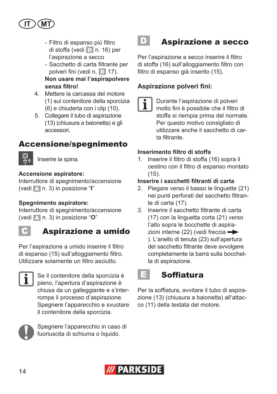 Accensione/spegnimento, Aspirazione a umido, Aspirazione a secco | Soffiatura, It mt | Parkside PNTS 1300 A1 User Manual | Page 14 / 42