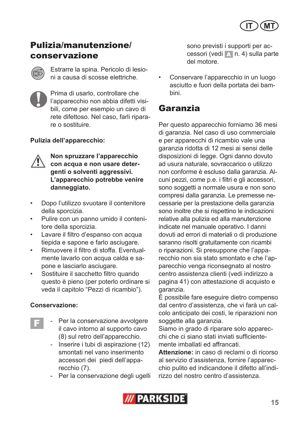 Pulizia/manutenzione/ conservazione, Garanzia, It mt | Parkside PNTS 1300 A1 User Manual | Page 15 / 42