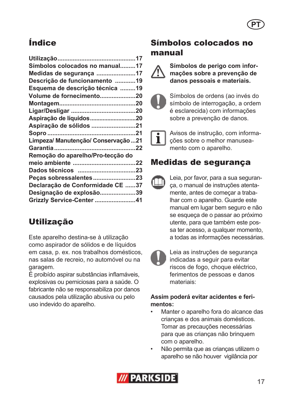 Índice, Utilização, Símbolos colocados no manual | Medidas de segurança | Parkside PNTS 1300 A1 User Manual | Page 17 / 42