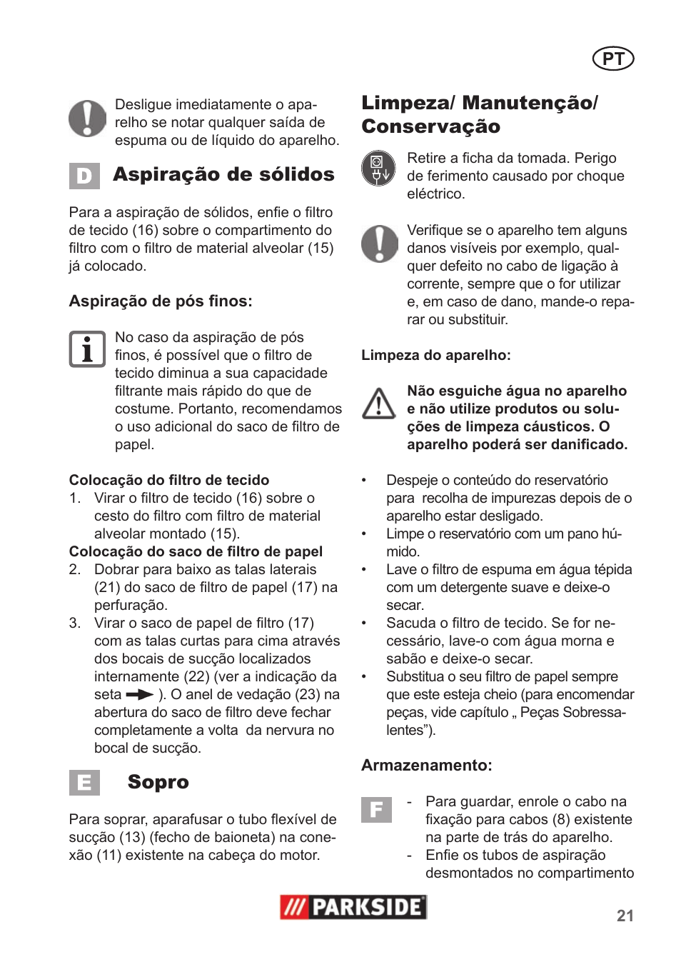 Aspiração de sólidos, Sopro, Limpeza/ manutenção/ conservação | Parkside PNTS 1300 A1 User Manual | Page 21 / 42