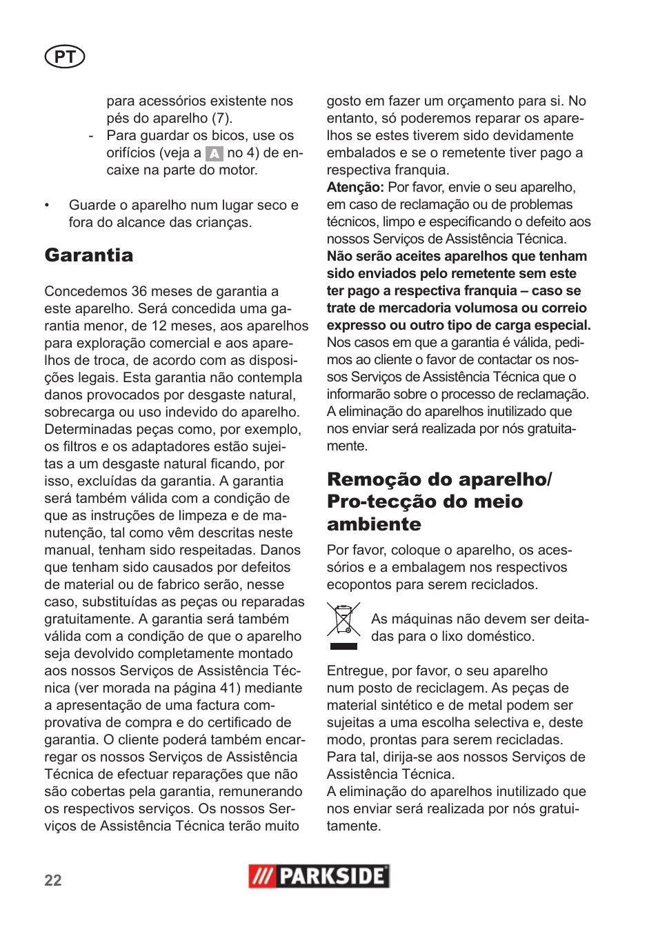 Garantia, Remoção do aparelho/ pro-tecção do meio ambiente | Parkside PNTS 1300 A1 User Manual | Page 22 / 42