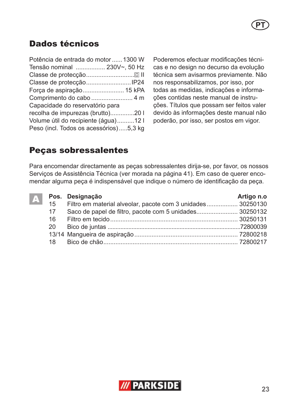 Dados técnicos, Peças sobressalentes | Parkside PNTS 1300 A1 User Manual | Page 23 / 42